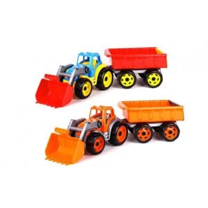 Teddies Traktor/nakladač/bagr s vlekem se lžící plast na volný chod 2 barvy v síťce 16x61x16cm