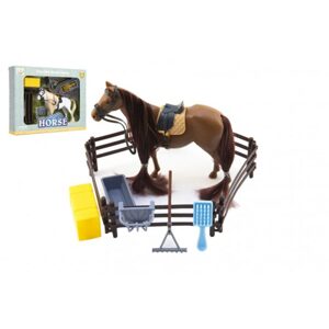 Teddies Kůň česací s doplňky a ohradou plast 2 barvy v krabici 28x22x5,5cm