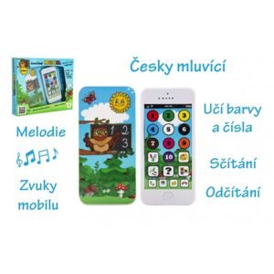 Teddies Naučný mobilní telefon s krytem Moudrá sova plast na baterie se zvukem v krabici 22x18x3,5cm 12m+