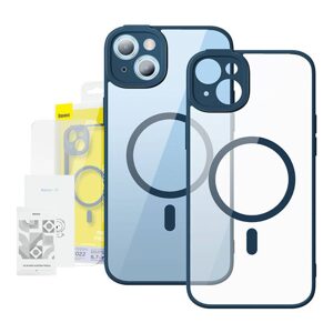 Baseus Sada průhledného magnetického pouzdra a tvrzeného skla Baseus Frame pro iPhone 14 Plus (modrá)