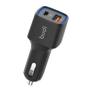 Budi LED nabíječka do auta, USB + USB-C, 18 W, PD + QC 3.0 (černá)