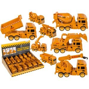 Stavební vozidla s pohyblivými funkcemi, cca. 10, 5 cm, 4 druhy (bagr, mixér, nákladní vůz a jeřáb)