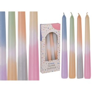 Svíce s barevným přechodem, pastelové, 4 různé barvy (krémová/růžová, aloe/bežová, meruňková/šedá, fialová/modrá), 2 x 20 cm, sada v barevné krabičce (čisté barvy)