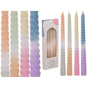 Svíčka ve tvaru kroucené válečky s barevným přechodem, Pastel, 4 barvy (krémová/růžová, aloe/béžová, meruňková/šedá, fialová/modrá), 2 x 25 cm, (čisté barvy) ve barevné krabičce.