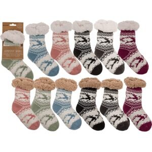 Dětské pohodlné ponožky, Sob, velikost 22-34, 83 g, 100% Polyakryl, 6 barevně rozmanitých (6x bílá výztuž, 6x hnědá výztuž), s hlavičkovou kartou, v polybagu
