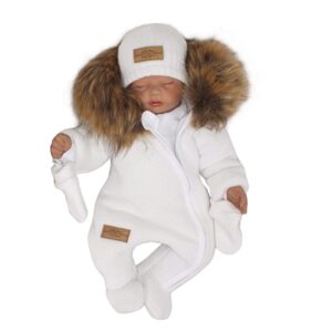 Z&Z Z&Z Zimní kombinéza s kapucí a kožešinou + rukavičky, bílá, vel. 62