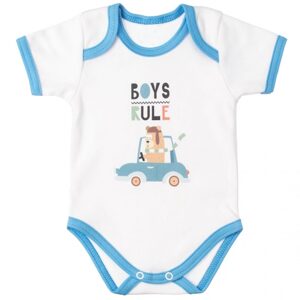 MBaby Bavlněné body s krátkým rukávem, Méďa Boys Rule, bílo/modré - 80 (9-12m)