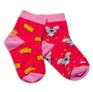 Baby Nellys Bavlněné veselé ponožky Myška a sýr - tmavě růžová - 104-116 (4-6r)