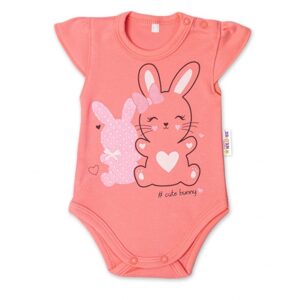 Baby Nellys Bavlněné kojenecké body, kr. rukáv, Cute Bunny - lososové - 56 (1-2m)