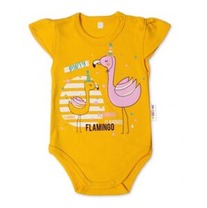 Baby Nellys Bavlněné kojenecké body, kr. rukáv, Flamingo - hořčicové - 74 (6-9m)