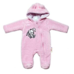 Baby Nellys Chlupáčkový overálek s kapucí, Cute Bunny - světle růžový, vel. 62