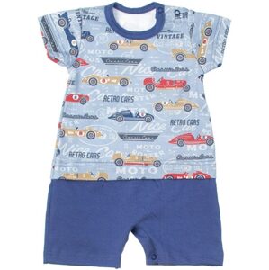 MBaby Bavlněné body s nohavičkami Retro Cars - jeans - 62 (2-3m)