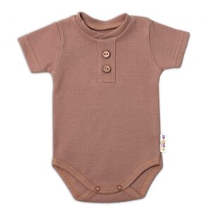 Baby Nellys Kojenecké žebrované body s knoflíčky kr. rukáv, Boy - hnědé, vel. 68 - 62 (2-3m)