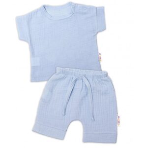Baby Nellys 2-dílná mušelínová soupravička, tričko + kraťasky BOY, světle modrá - 56 (1-2m)