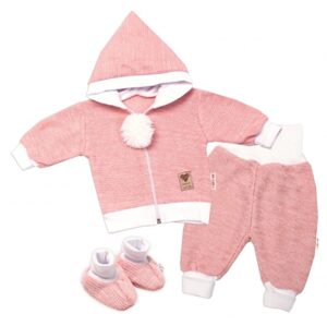 Baby Nellys 3-dílná souprava Hand made, pletený kabátek, kalhoty a botičky, růžová - 68 (3-6m)