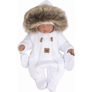 Z&Z Z&Z Zimní kombinéza s dvojitým zipem, kapucí a kožešinou + rukavičky, Angel - bílá