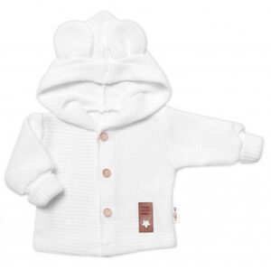 Baby Nellys Dětský elegantní pletený svetřík s knoflíčky a kapucí s oušky Baby Nellys, bíly, vel. 62