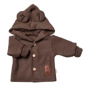 Baby Nellys Dětský elegantní pletený svetřík s knoflíčky a kapucí s oušky Baby Nellys, hnědý, vel. 80 - 56 (1-2m)