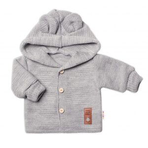 Baby Nellys Dětský elegantní pletený svetřík s knoflíčky a kapucí s oušky Baby Nellys, šedý - 56 (1-2m)