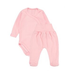 MBaby Zavinovací body dl. rukáv + polodupačky s žebrovaným vzorem, 2D sada MBaby, růžové - 68 (3-6m)