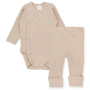 MBaby Zavinovací žebrované body + tepláčky, 2D sada MBaby, béžové - 68 (3-6m)