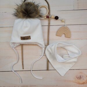Z&Z Zimní dvouvrstvá čepice na zavazování s bambulí z kožešinky + šátek Z&Z, bílá, vel. 68/74 - 68-74 (6-9m)