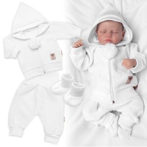 Baby Nellys 3-dílná souprava Hand made, pletený kabátek, kalhoty a botičky, bílá, vel. 68