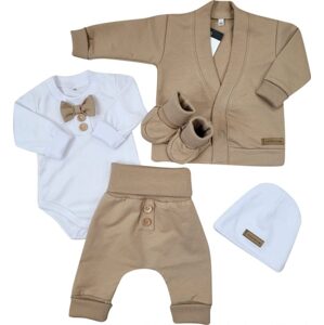 Kazum Bavlněná sada, body, kalhoty, motýlek a čepice Elegant Boy 5D, Kazum, mocca/bílá, vel. 80