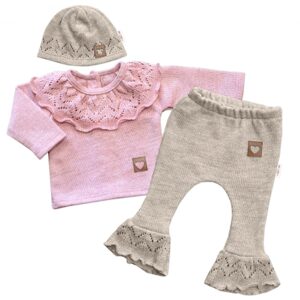 Baby Nellys Pletená soupravička s volánkem Heart, 3D, kabátek, kalhoty a čepička, růžová/béžová - 68 (3-6m)