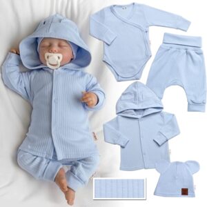 Baby Nellys Žebrovaná rostoucí souprava 4D, zavin. body, kalhoty, kabátek a čepička, modrá - 62-68 (3-6m)