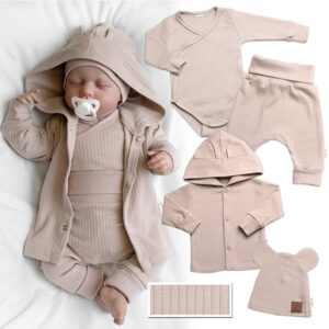 Baby Nellys Žebrovaná rostoucí souprava 4D, zavin. body, kalhoty, kabátek a čepička, béžová - 50-56 (0-2m)